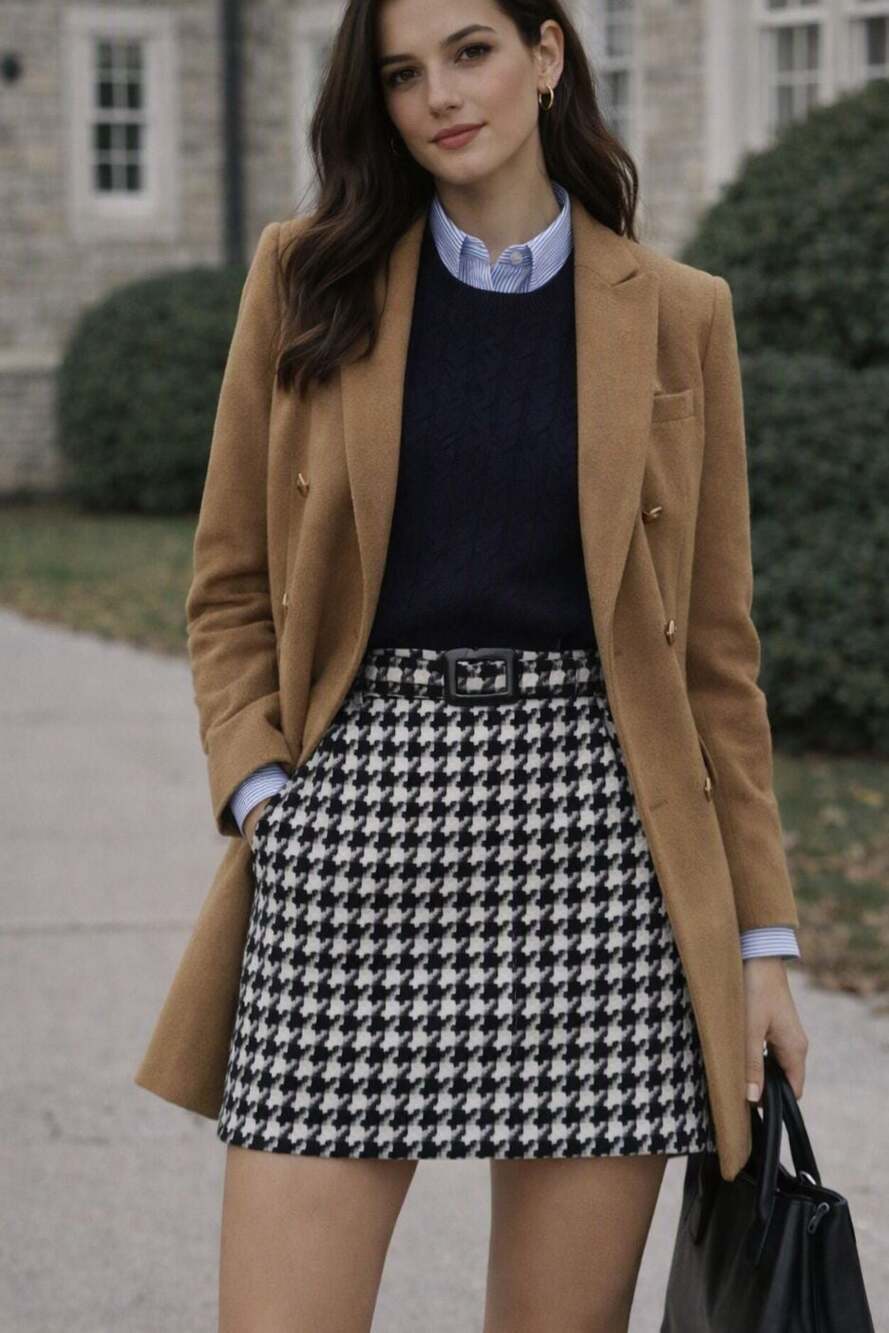 Trina Turk Black White Houndstooth Tweed Belted Mini Skirt Size 4 Collegecore